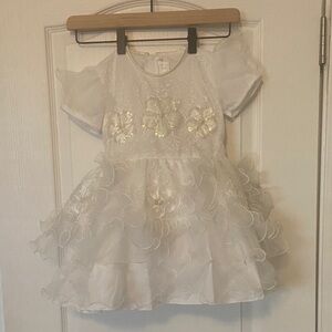 Girls White Ruffled Dress with Gold Accents